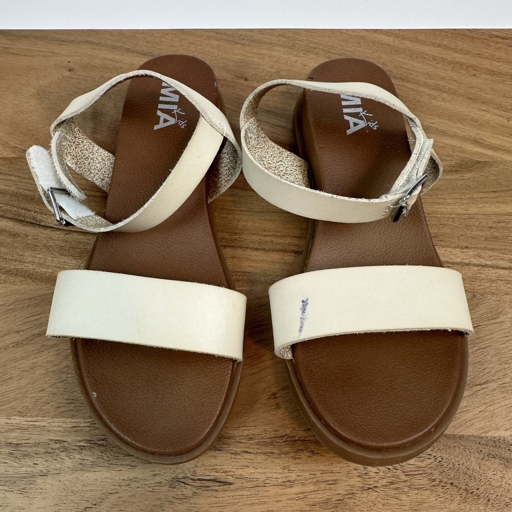 New Big Kids Girls Mia Koddee Ivory Faux Leather Ankle Strap Wedge Sandals Sz 3